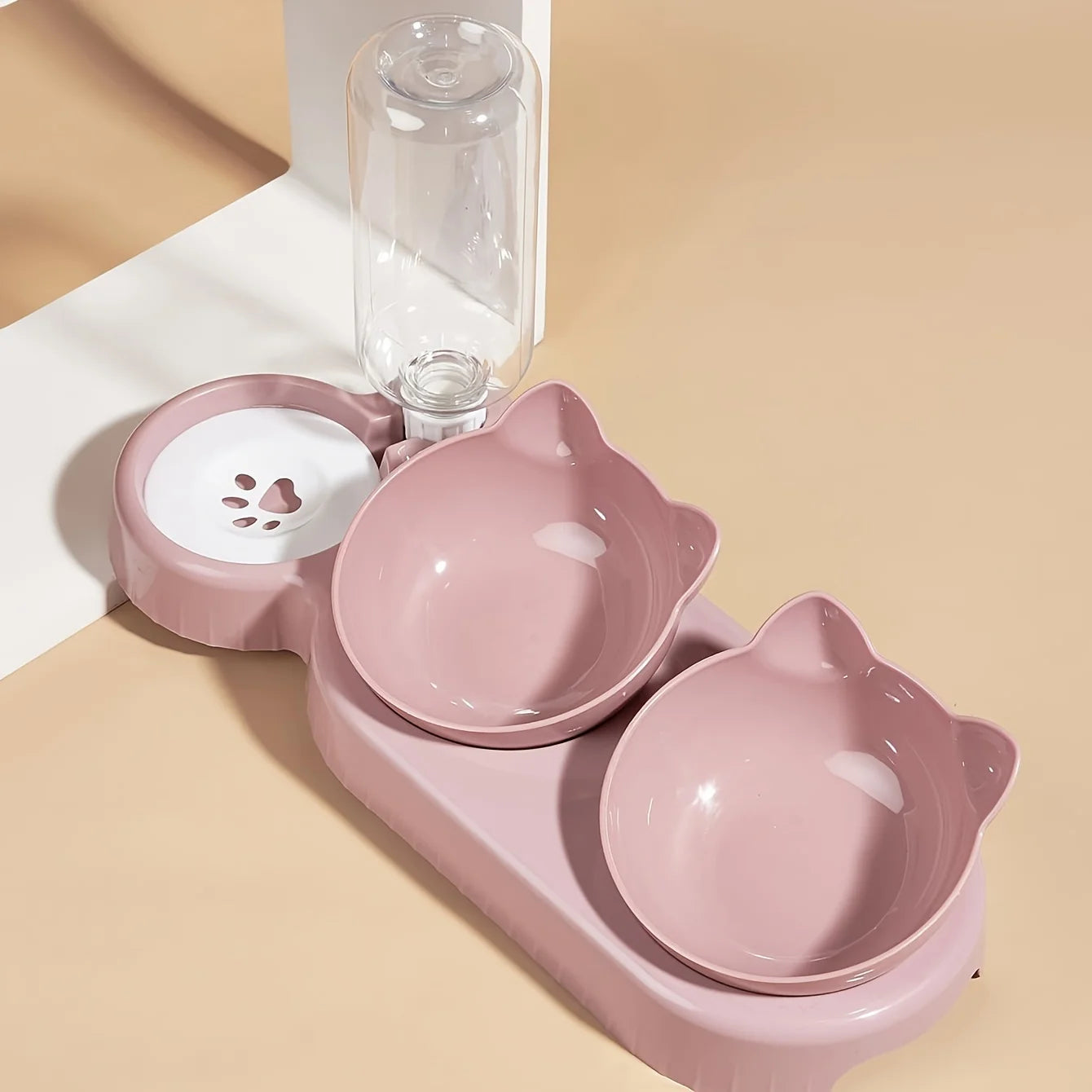 Pet Bowls With Water Feeder, 3 In 1 Ear Design Tilted Cat Water And Food Bowl Set With Gravity Water Bottle For Neck Protection Stone's Store