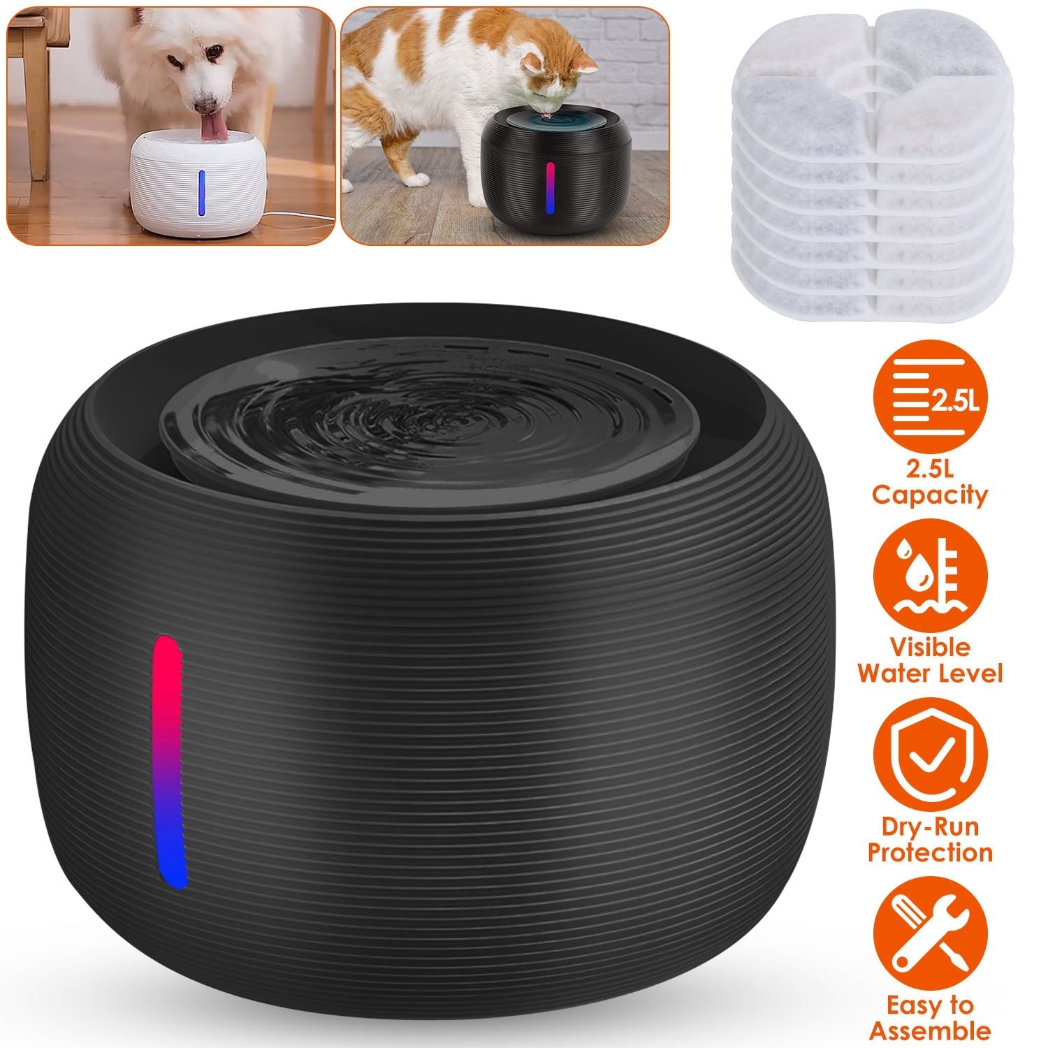 Smart Pet Water Fountain 2.5L with LED Light and Replaceable Filters