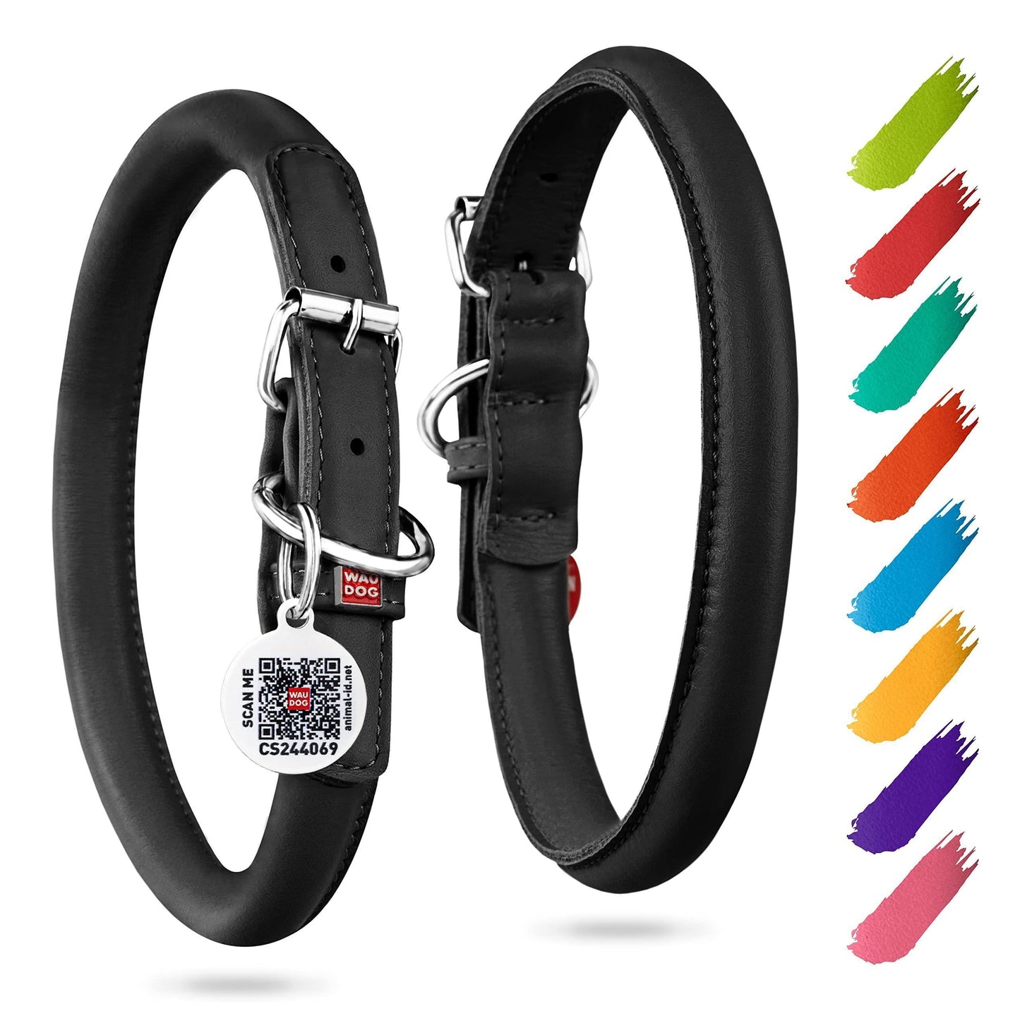Black Rolled Leather Dog Collar Padded
