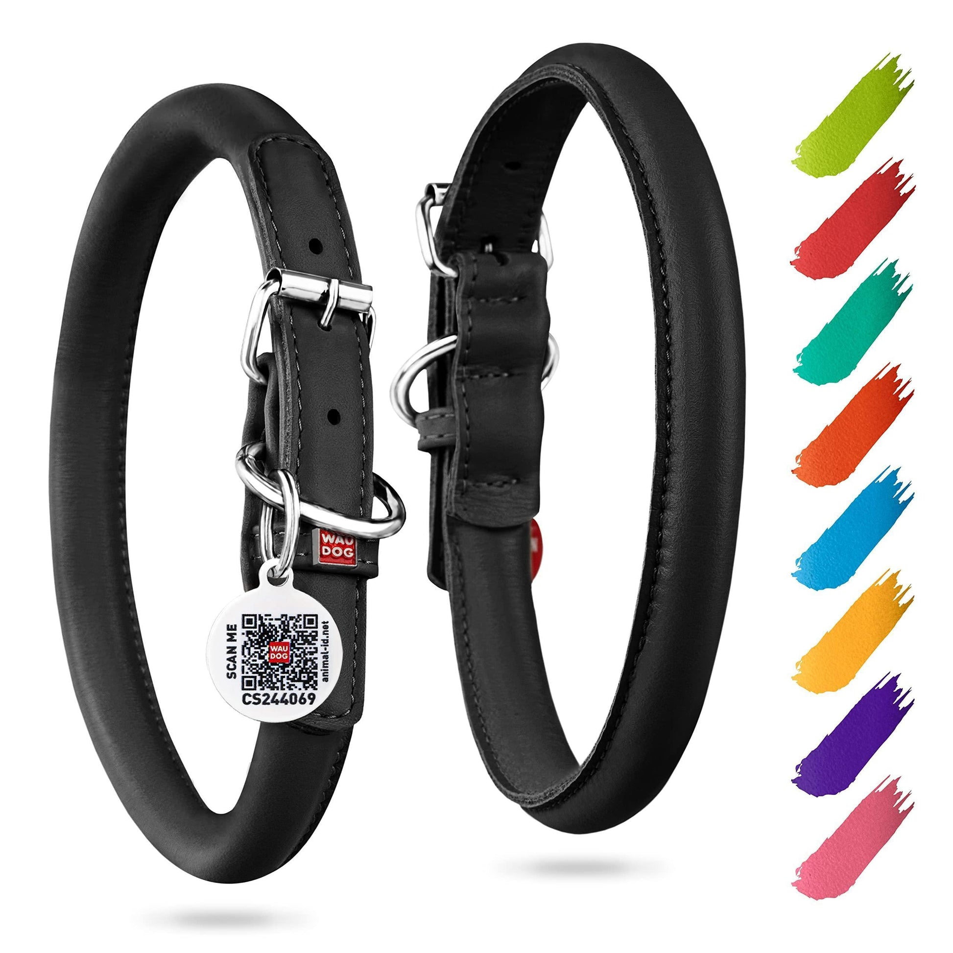 Black Rolled Leather Dog Collar Padded