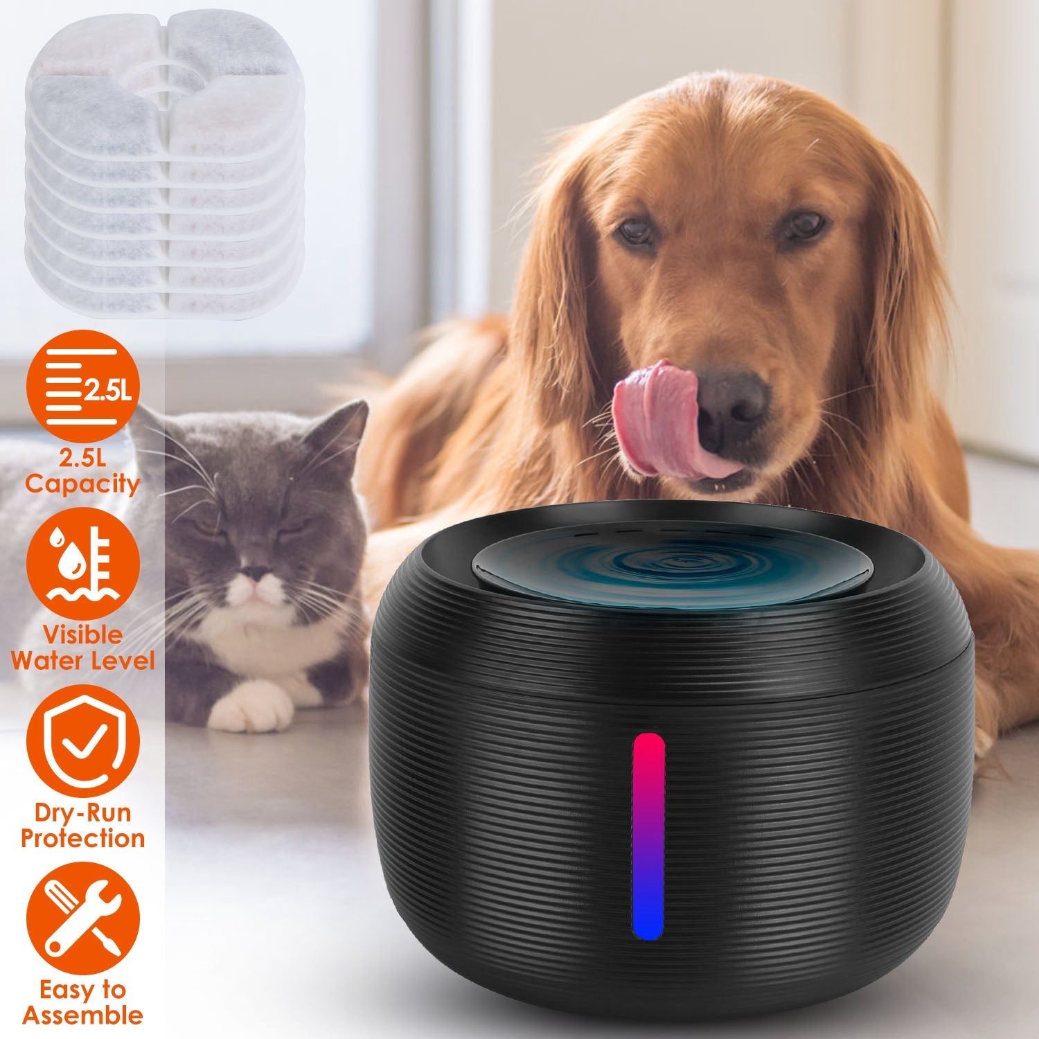 Smart Pet Water Fountain 2.5L with LED Light and Replaceable Filters