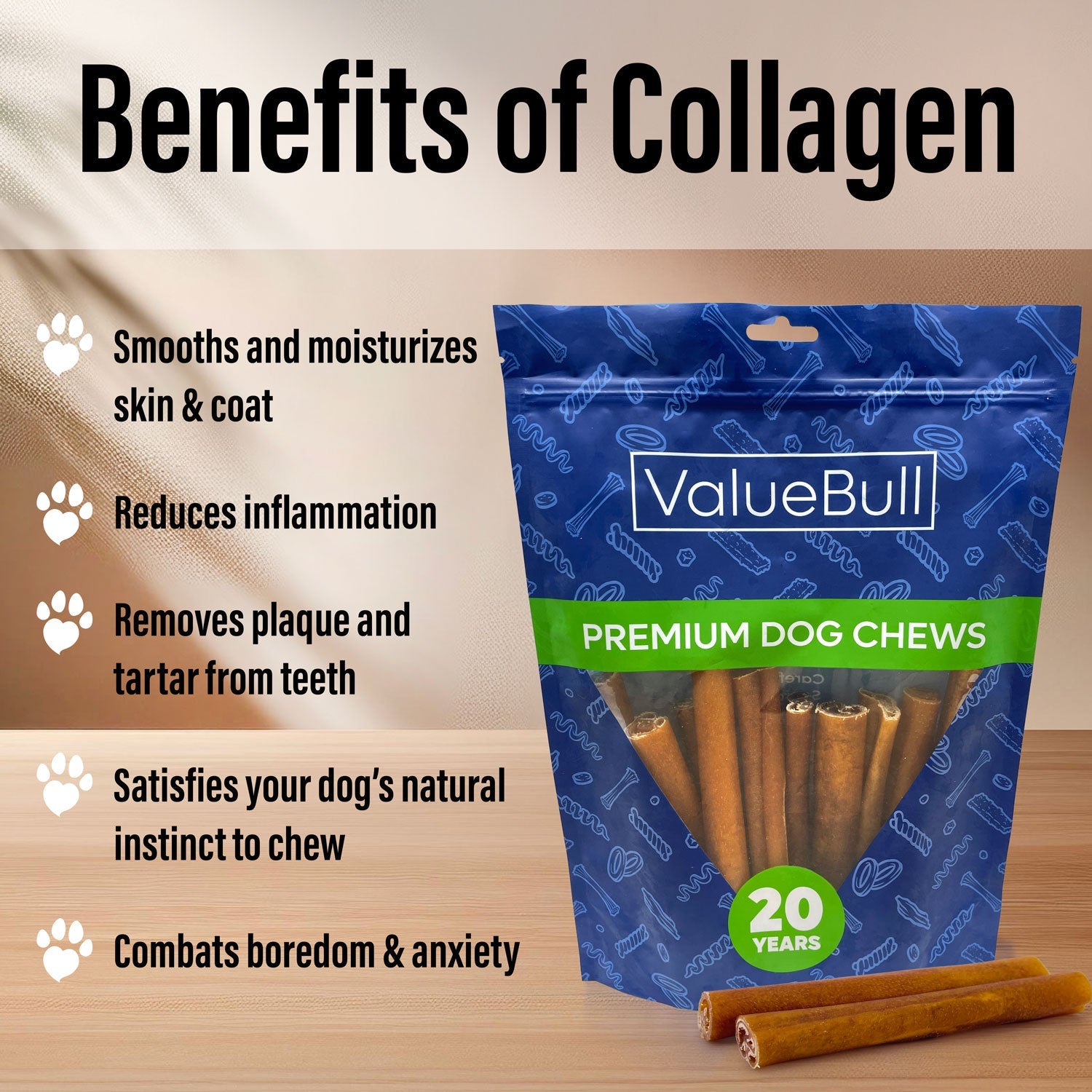 ValueBull Buffalo Collagen Sticks for Dogs, 6 Inch Super Jumbo Chews, Natural Long-Lasting Dog Treats, 10 Count