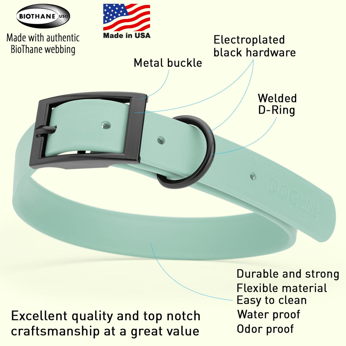 BioThane Waterproof Dog Collar - XS: L 12"-15" x W 5/8" - Black OR Brass Hardware