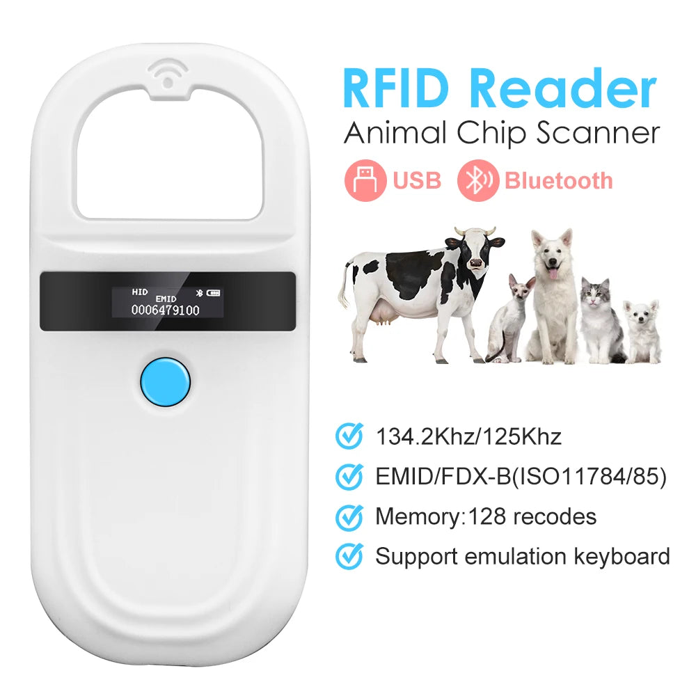 Handheld 134.2KHz 125kHz Animal RFID Reader Pet Cat Dog Microchip Scanner FDX-B Glass Chip USB/Bluetooth Tag Reader with Tags Boland999 Security Store