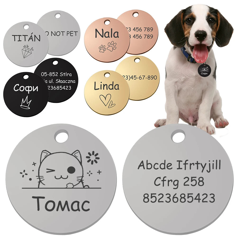 Personalized Pet Cat Dog Name Collar Accessories Circle Custom Engraved ID Tag Necklace Chain Charm Supplies For Dog Product PUPRETTY Store
