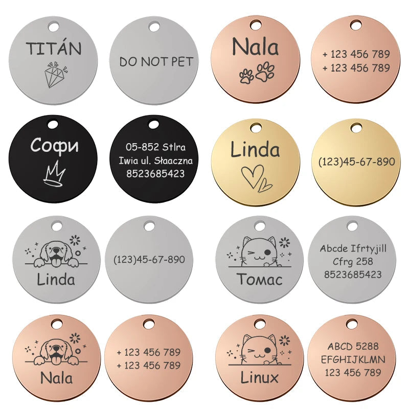 Personalized Pet Cat Dog Name Collar Accessories Circle Custom Engraved ID Tag Necklace Chain Charm Supplies For Dog Product PUPRETTY Store