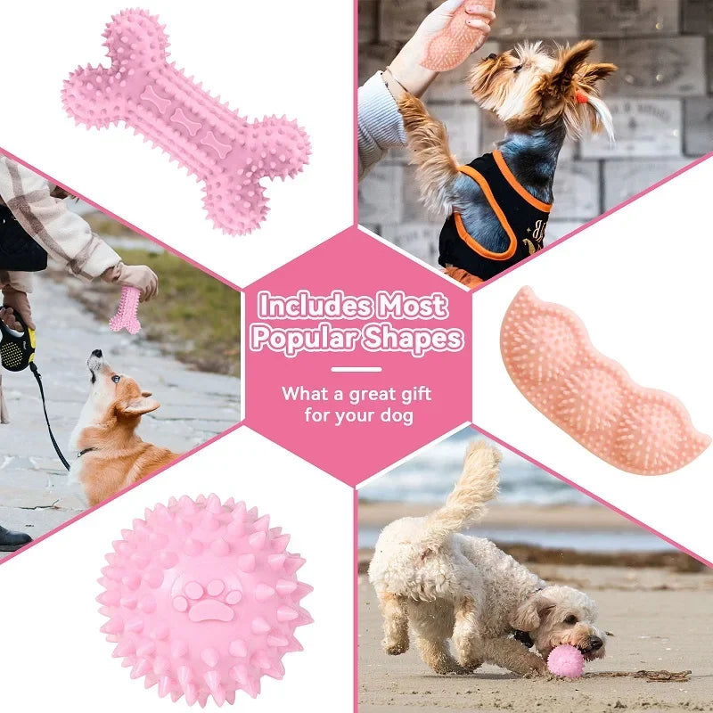 Dog Chew Toys for Cleaning Teeth Pink Soft Rubber Bone Funny Ball Interactive Donut Treat Set for Small Medium Dogs Pet Gifts Shop1103191158 Store