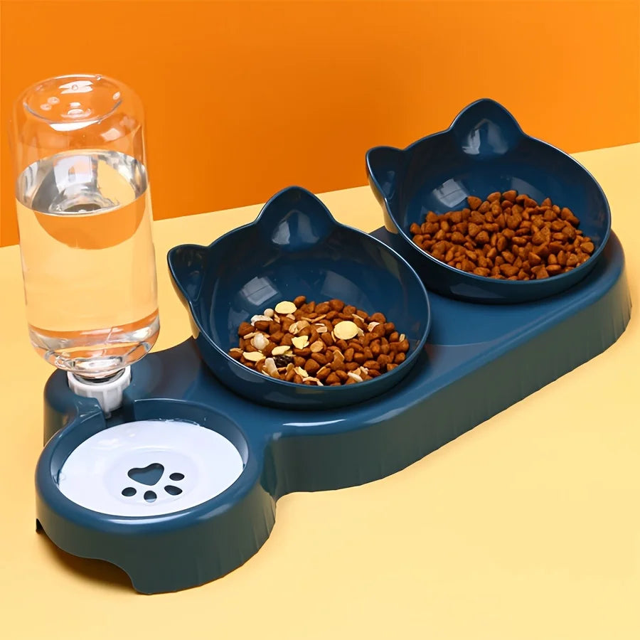 Pet Bowls With Water Feeder, 3 In 1 Ear Design Tilted Cat Water And Food Bowl Set With Gravity Water Bottle For Neck Protection Stone's Store