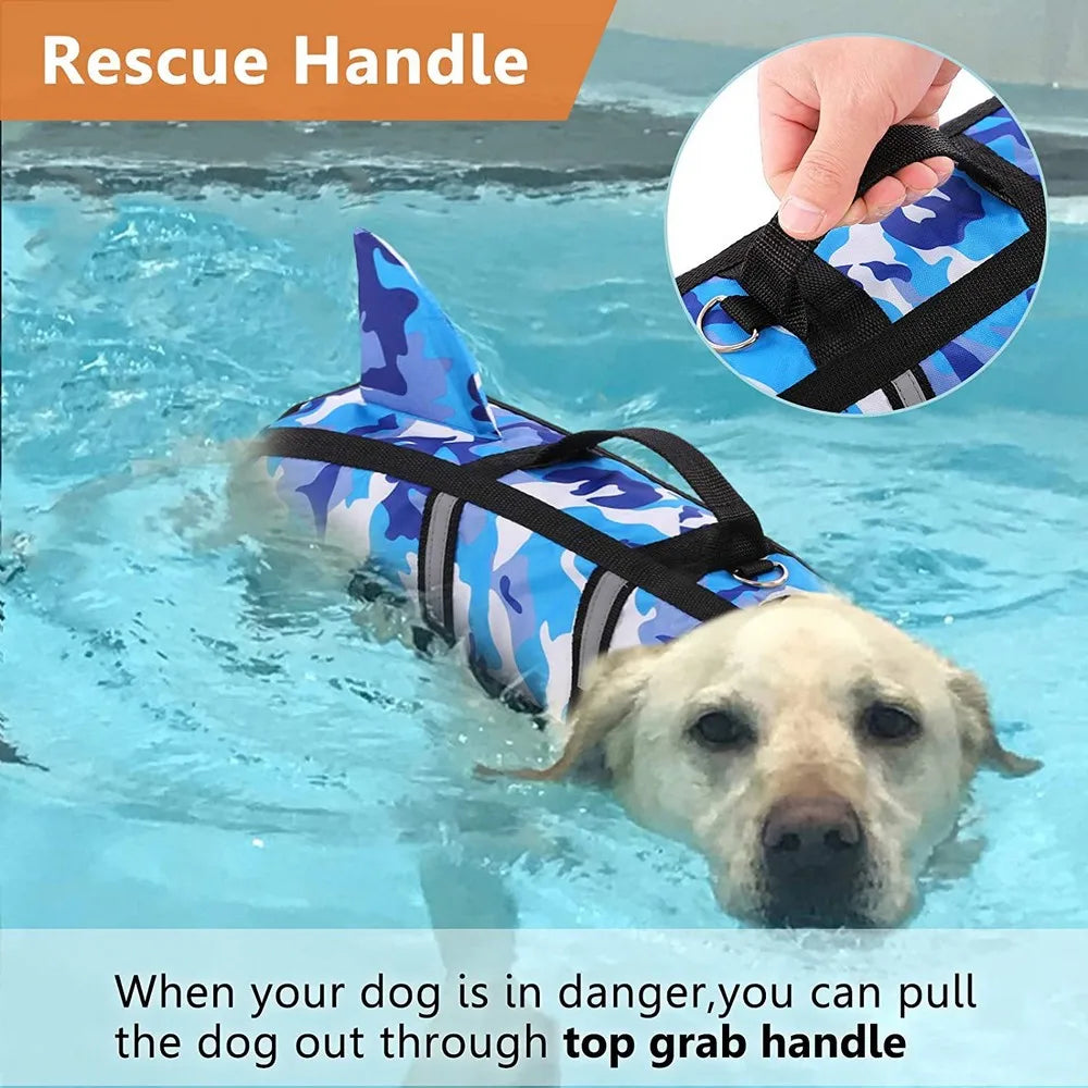 Pet Dog Life Jacket Vest Clothes Life Vest Collar Harness Pet Dog Swimming Summer Swimwear Clothes Camouflage Shark Blue Fuchsia PetGuider Store