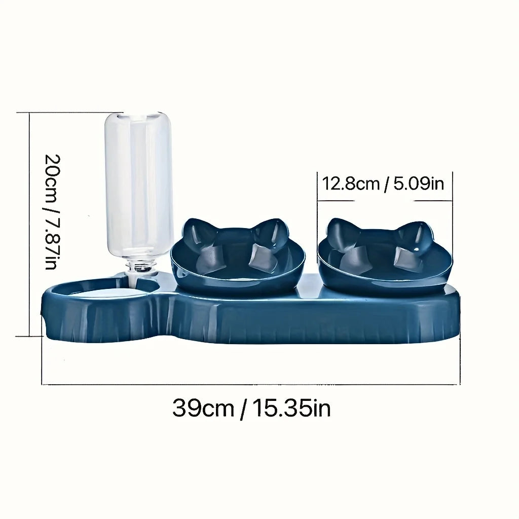 Pet Bowls With Water Feeder, 3 In 1 Ear Design Tilted Cat Water And Food Bowl Set With Gravity Water Bottle For Neck Protection Stone's Store