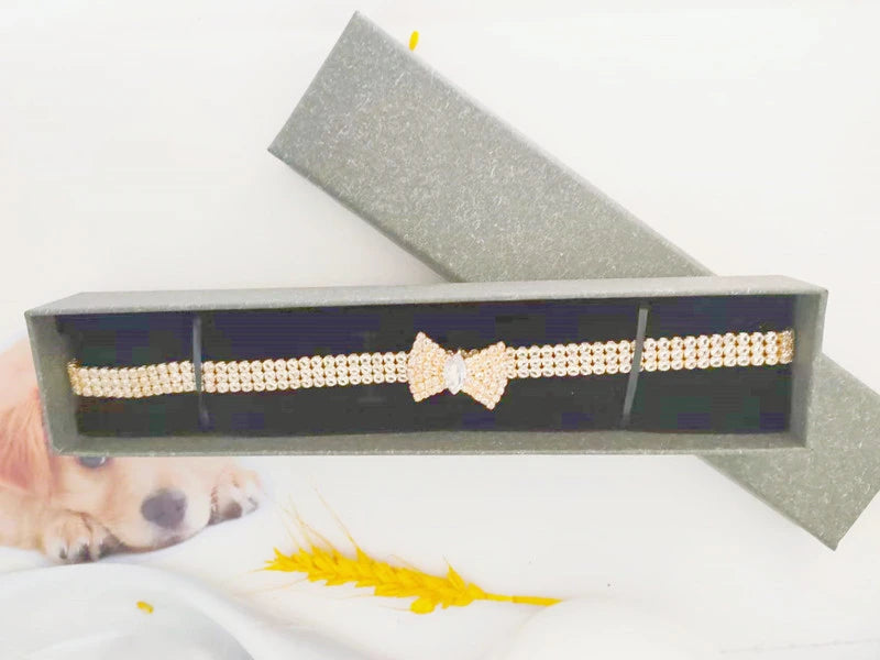 Zircon Bow Tie Chihuahua Dog Collar Rose Gold Lobster Button Cat Necklace With Package Box Adjustable All Season Pet Accessories Meow Kitten Store