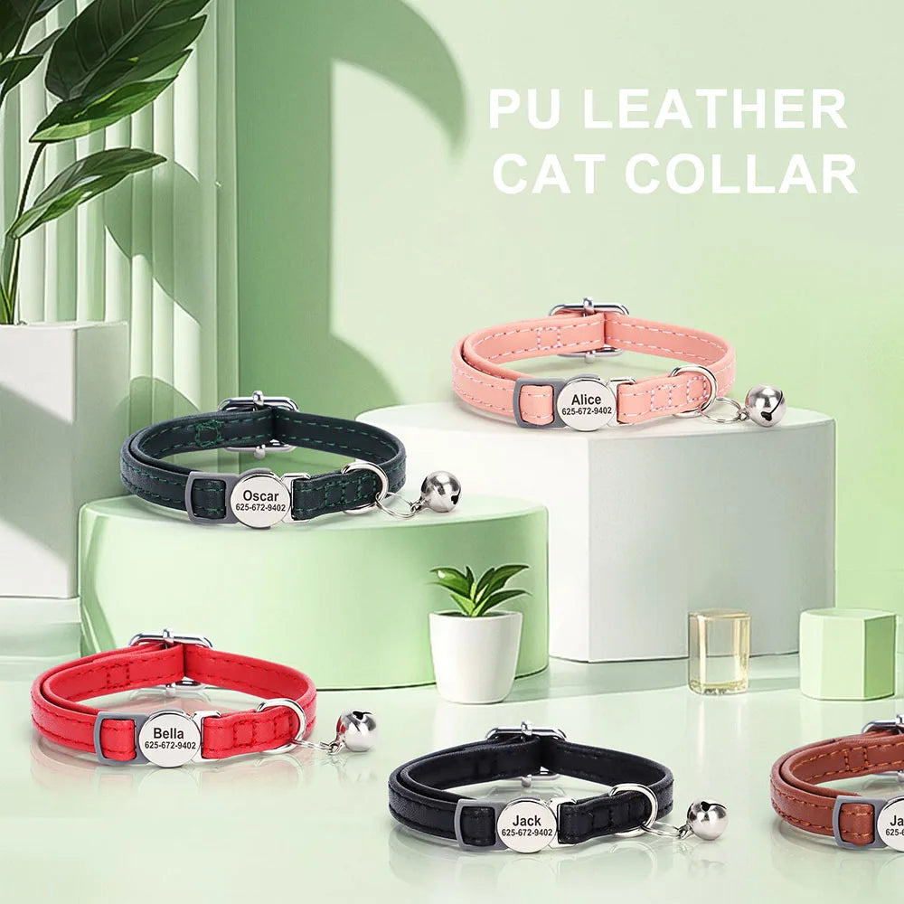 Custom Cat Collar PU Leather Cats Collars Necklace Safety Breakaway Pet Kitten Puppy Collars Anti-lost for Cats Free Engraved David's Mall-Pet Products Supplier