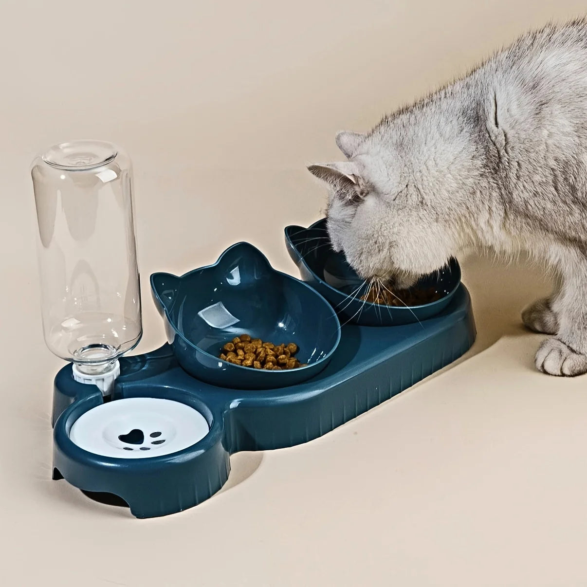 Pet Bowls With Water Feeder, 3 In 1 Ear Design Tilted Cat Water And Food Bowl Set With Gravity Water Bottle For Neck Protection Stone's Store