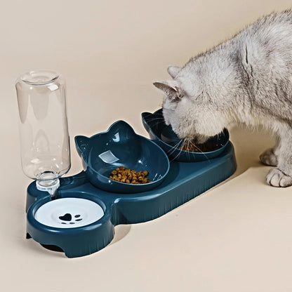 Pet Bowls With Water Feeder, 3 In 1 Ear Design Tilted Cat Water And Food Bowl Set With Gravity Water Bottle For Neck Protection Stone's Store
