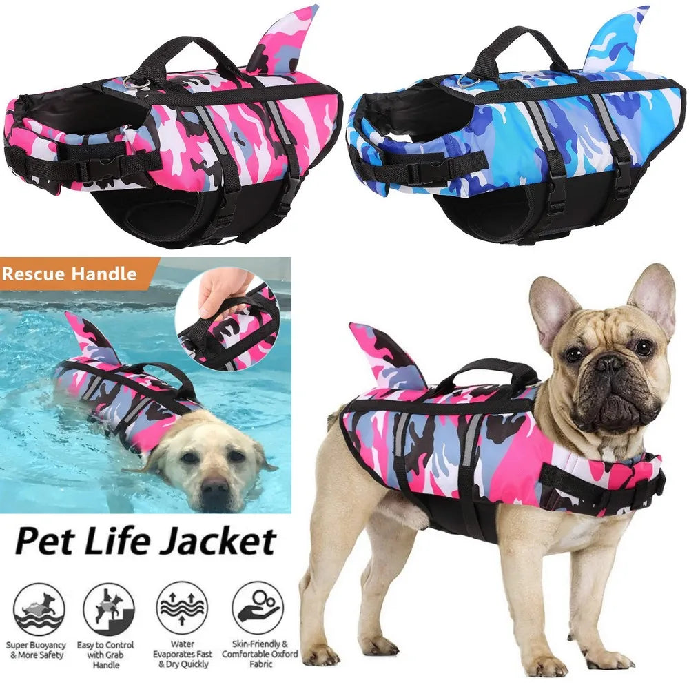 Pet Dog Life Jacket Vest Clothes Life Vest Collar Harness Pet Dog Swimming Summer Swimwear Clothes Camouflage Shark Blue Fuchsia PetGuider Store