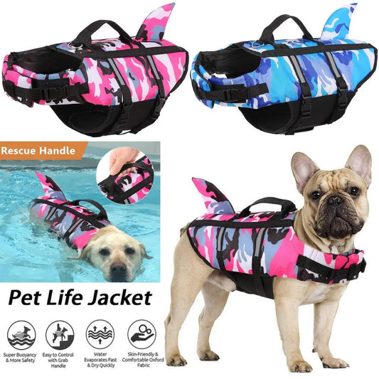Pet Dog Life Jacket Vest Clothes Life Vest Collar Harness Pet Dog Swimming Summer Swimwear Clothes Camouflage Shark Blue Fuchsia PetGuider Store