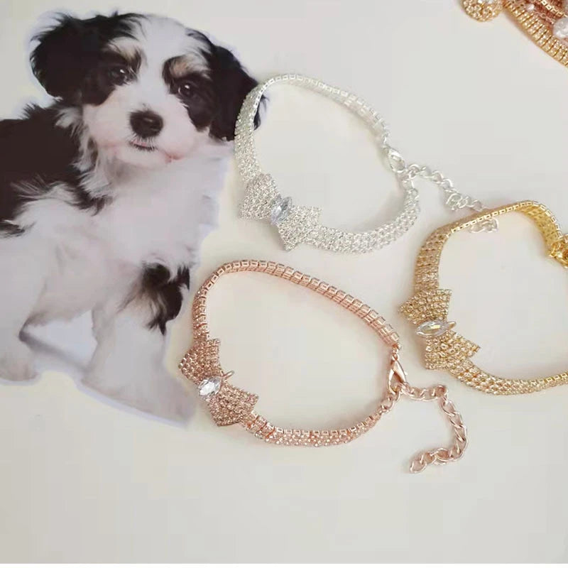 Zircon Bow Tie Chihuahua Dog Collar Rose Gold Lobster Button Cat Necklace With Package Box Adjustable All Season Pet Accessories Meow Kitten Store