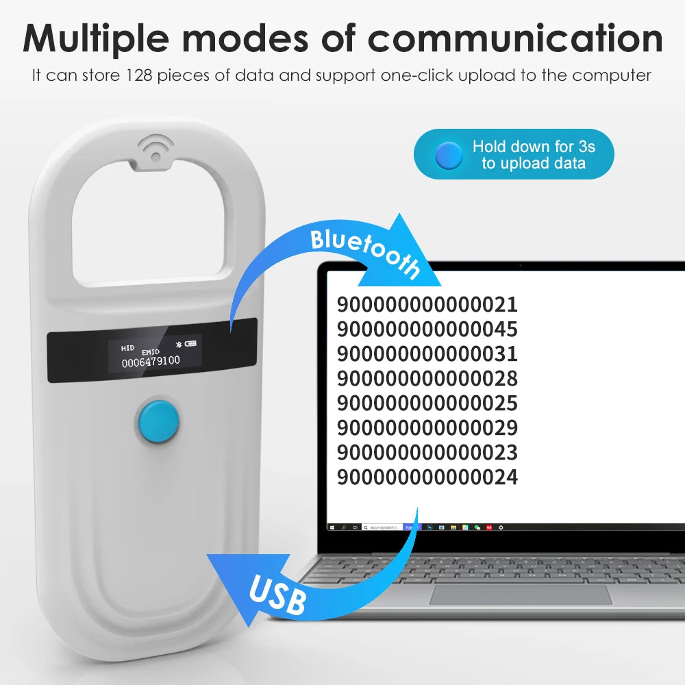 Handheld 134.2KHz 125kHz Animal RFID Reader Pet Cat Dog Microchip Scanner FDX-B Glass Chip USB/Bluetooth Tag Reader with Tags Boland999 Security Store