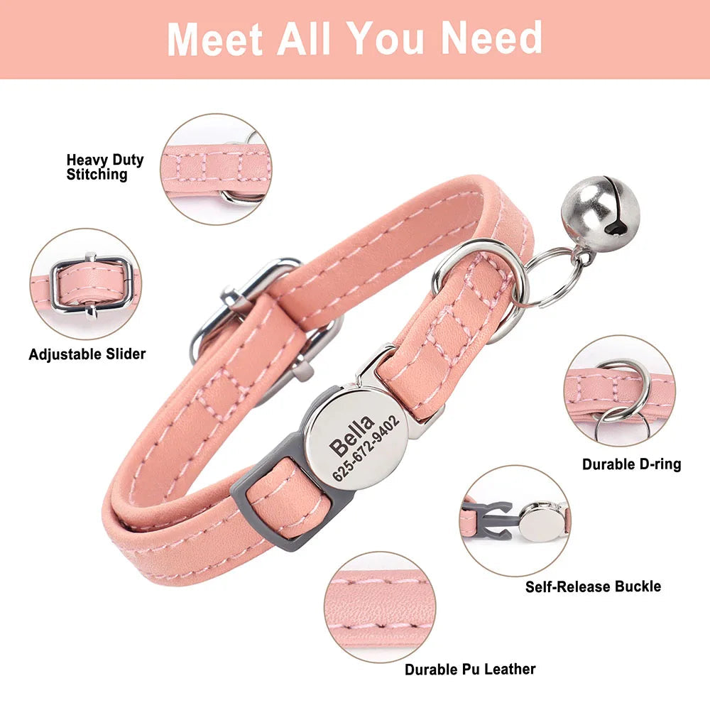 Custom Cat Collar PU Leather Cats Collars Necklace Safety Breakaway Pet Kitten Puppy Collars Anti-lost for Cats Free Engraved David's Mall-Pet Products Supplier
