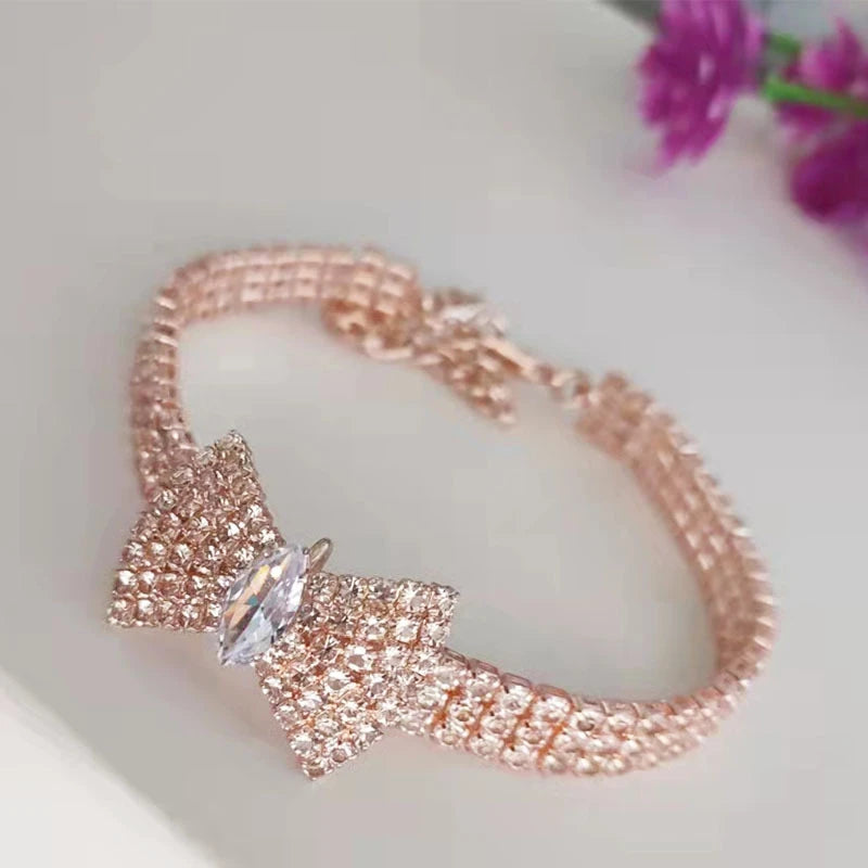 Zircon Bow Tie Chihuahua Dog Collar Rose Gold Lobster Button Cat Necklace With Package Box Adjustable All Season Pet Accessories Meow Kitten Store