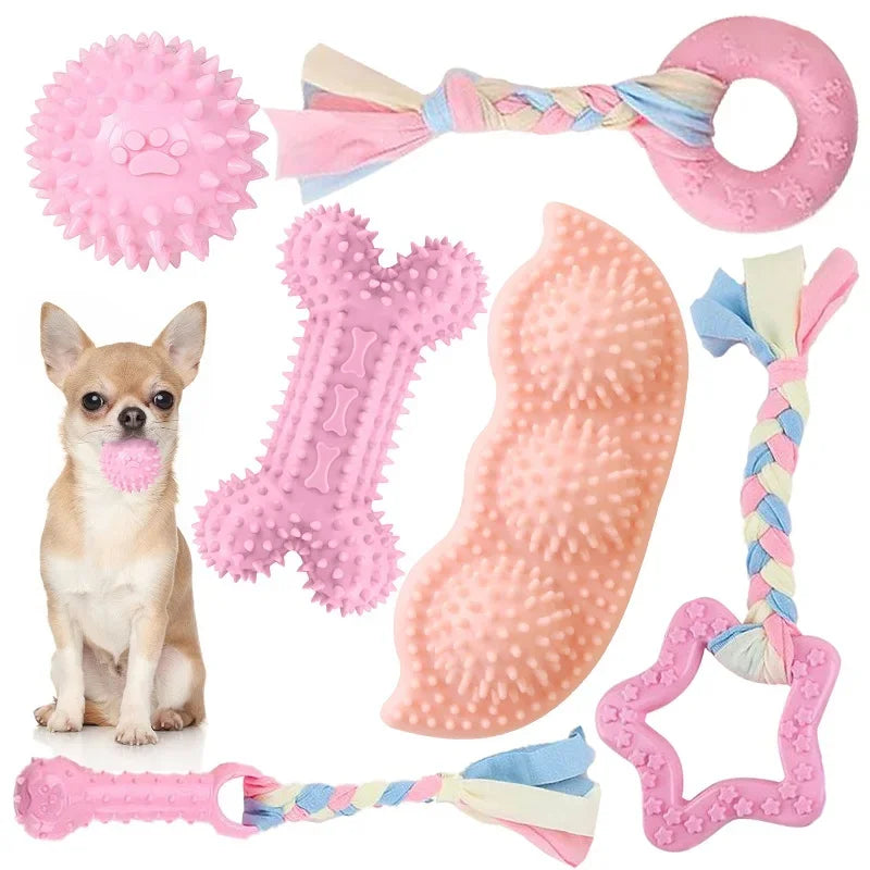 Dog Chew Toys for Cleaning Teeth Pink Soft Rubber Bone Funny Ball Interactive Donut Treat Set for Small Medium Dogs Pet Gifts Shop1103191158 Store