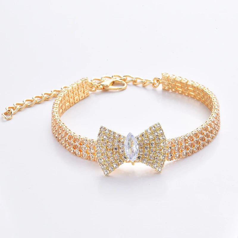 Zircon Bow Tie Chihuahua Dog Collar Rose Gold Lobster Button Cat Necklace With Package Box Adjustable All Season Pet Accessories Meow Kitten Store
