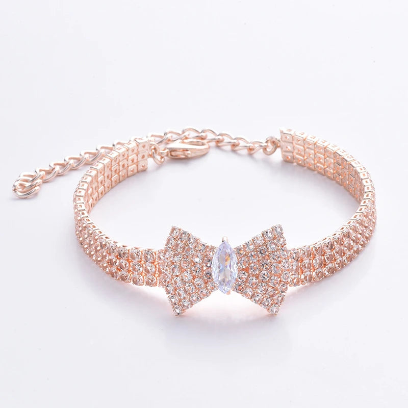 Zircon Bow Tie Chihuahua Dog Collar Rose Gold Lobster Button Cat Necklace With Package Box Adjustable All Season Pet Accessories Meow Kitten Store