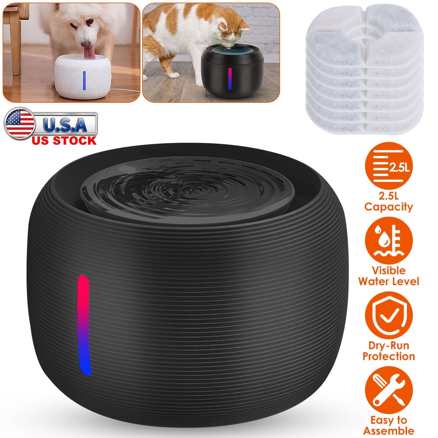 Smart Pet Water Fountain 2.5L with LED Light and Replaceable Filters