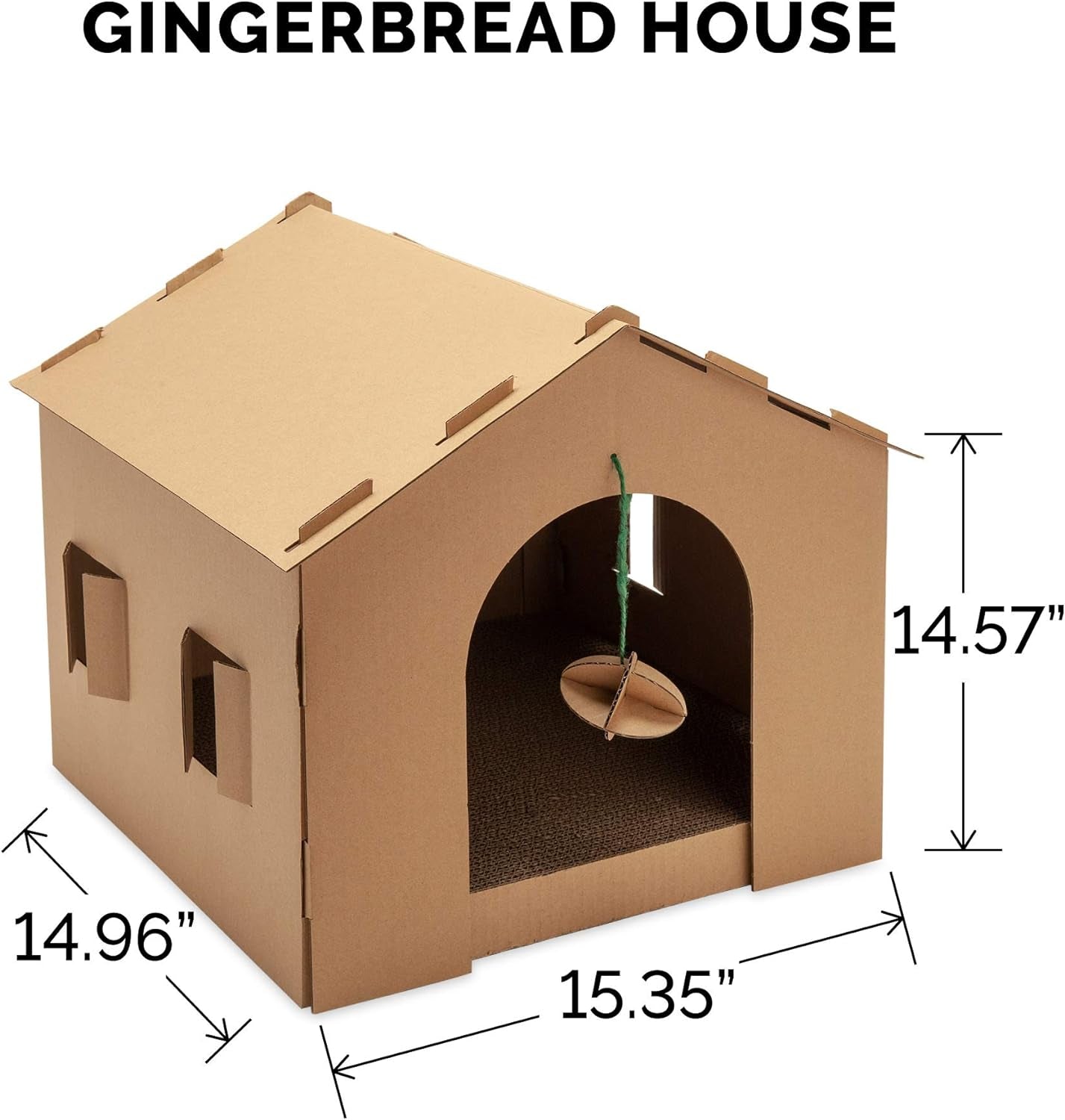 Pet Furniture for Cats and Kittens - Gingerbread House Corrugated Cat Scratcher Hideout with Catnip, Cardboard (Brown), One Size