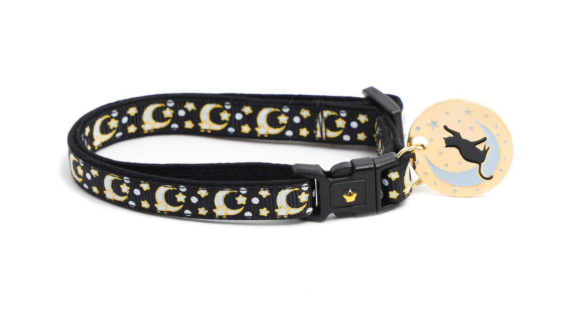 Gold Moons and Stars on Black V2 Cat Collar Pugs2Persians