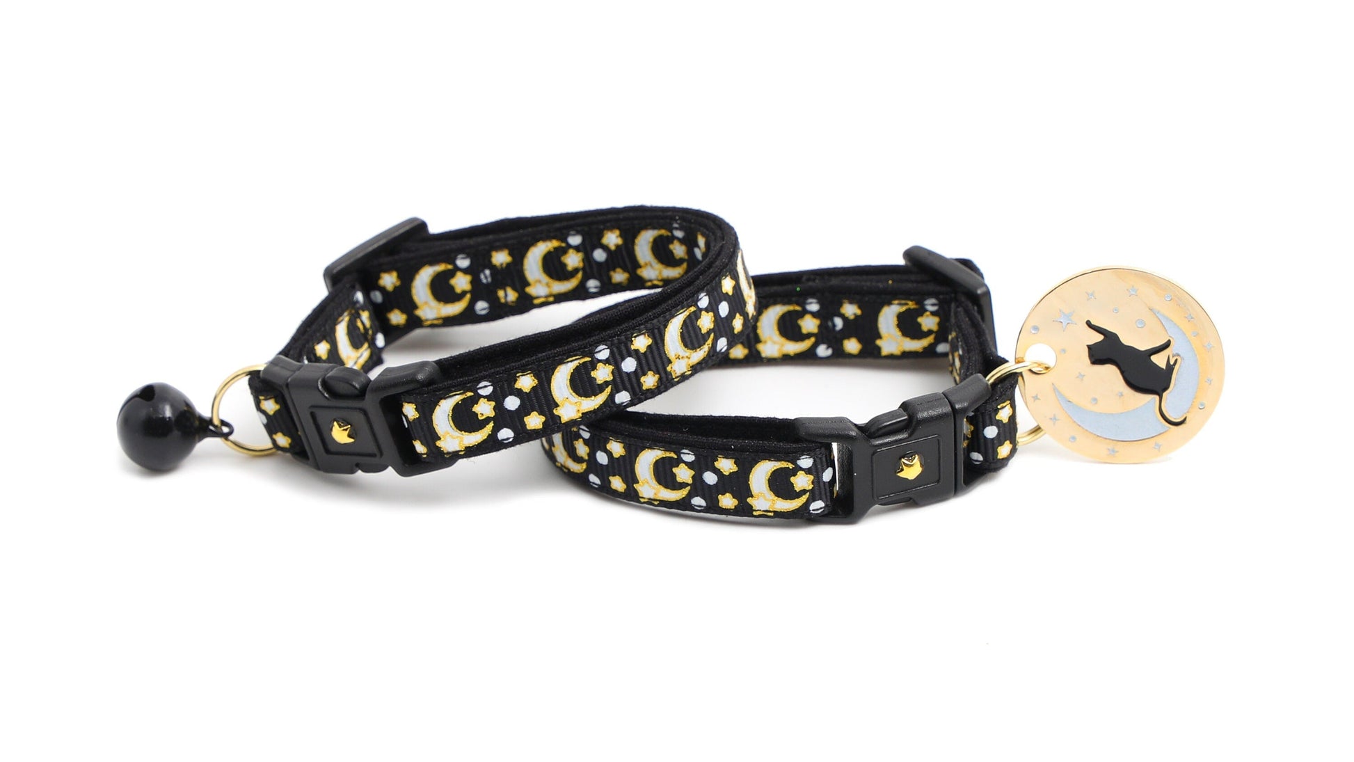 Gold Moons and Stars on Black V2 Cat Collar Pugs2Persians