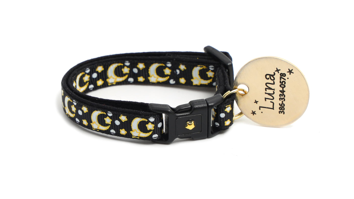 Gold Moons and Stars on Black V2 Cat Collar Pugs2Persians