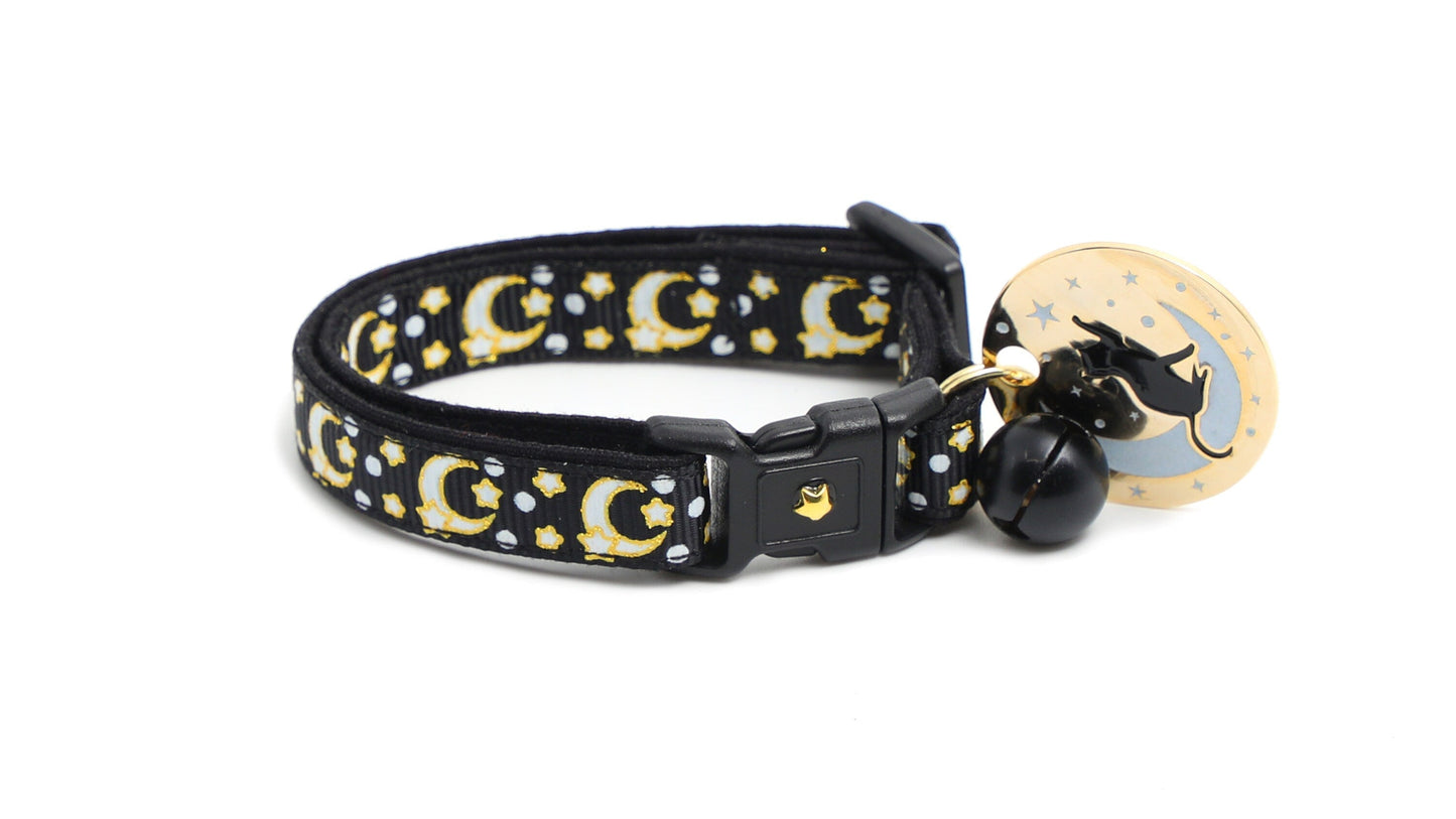 Gold Moons and Stars on Black V2 Cat Collar Pugs2Persians