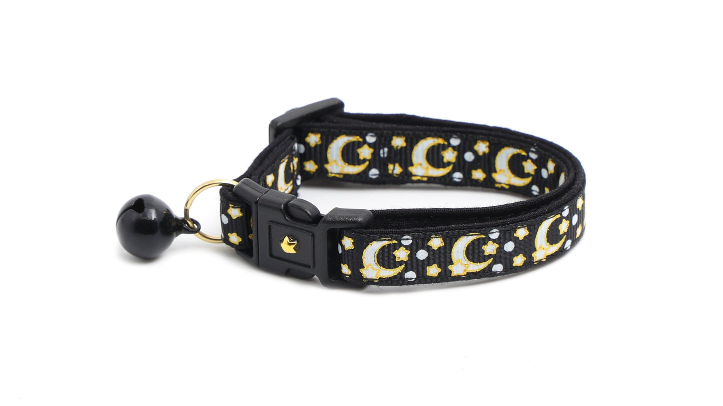 Gold Moons and Stars on Black V2 Cat Collar Pugs2Persians