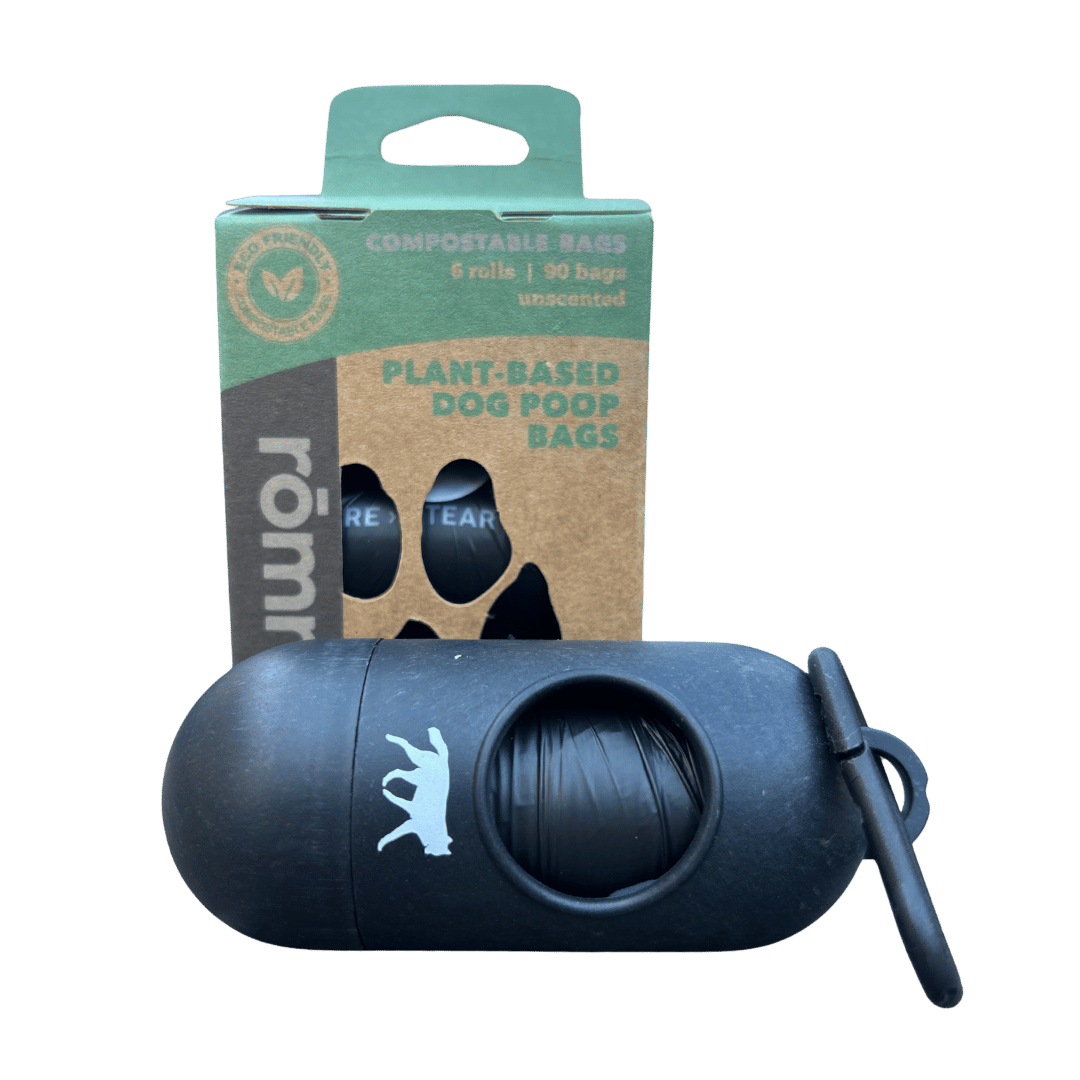 compostable plant-based dog poop bags plus bamboo dispenser